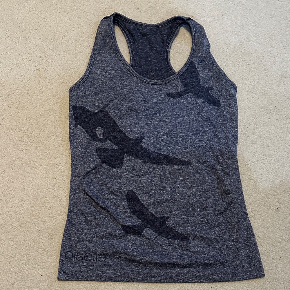 Oiselle Gray Tank Top with Black Bird Design